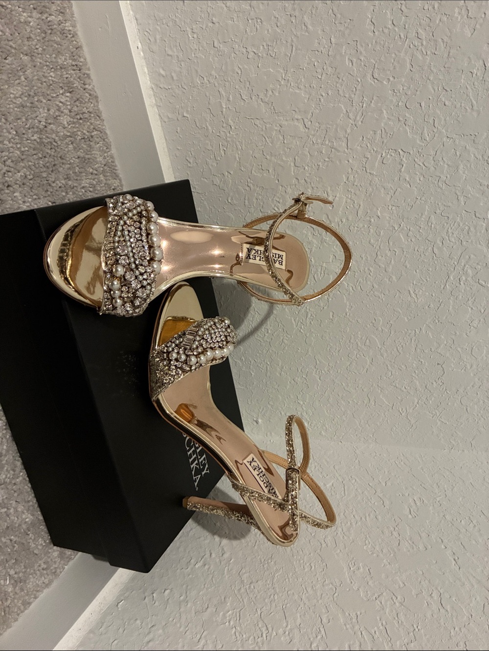 Badgley Mischka Rose Gold Crystal-Strap Evening Heels